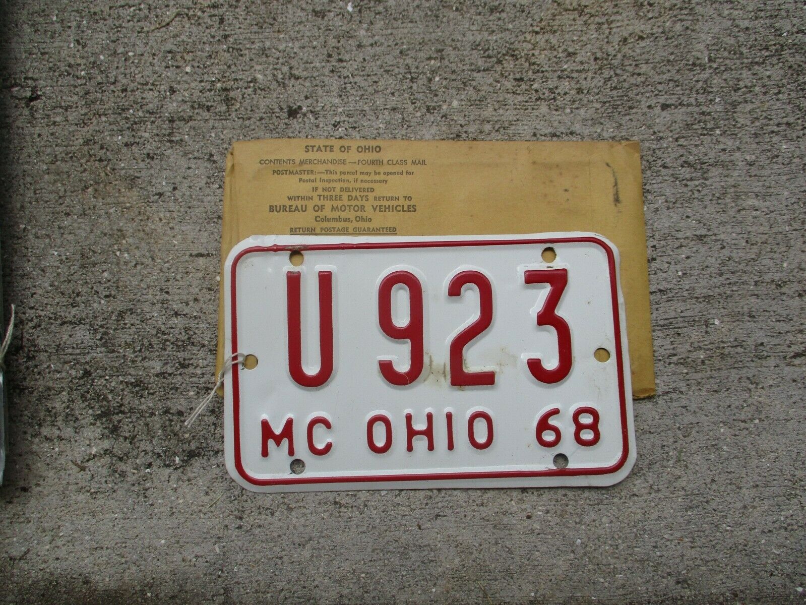 Ohio 1968 Motorcycle License Plate  #  U 923