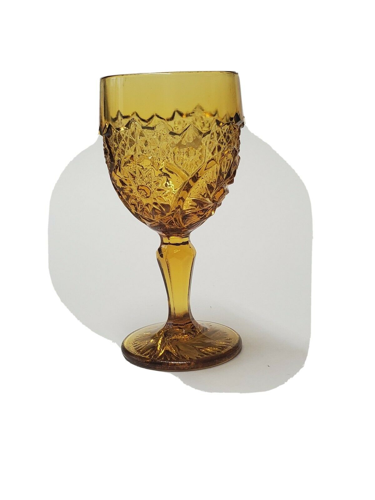 Vintage Degenhart Amber Gold Mini Buzz Saw Pinwhell Design Cordial Wine Glass