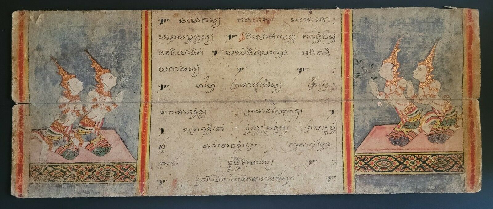 Antique Thai Illuminated Buddhist Manuscript Folded Paper Thai Goddesses Makuṭa