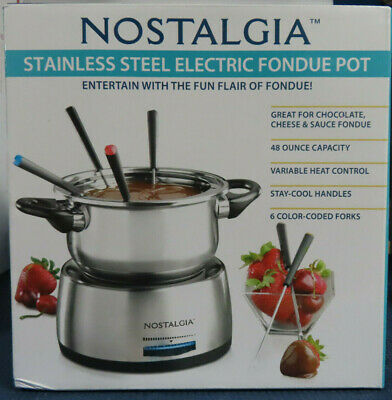 New In Sealed Box Nostalgia Stainless Steel Electric Fondue Pot With 6 Forks