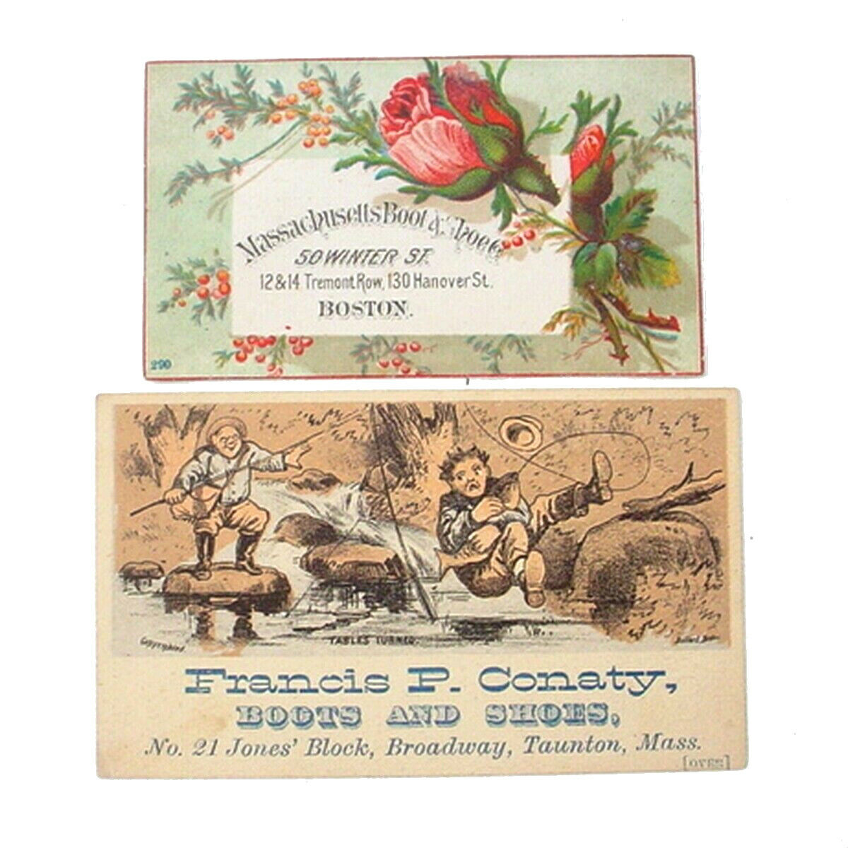 Victorian Trade Cards  Boston & Taunton Mass Boots & Shoes Humor Fishing Roses