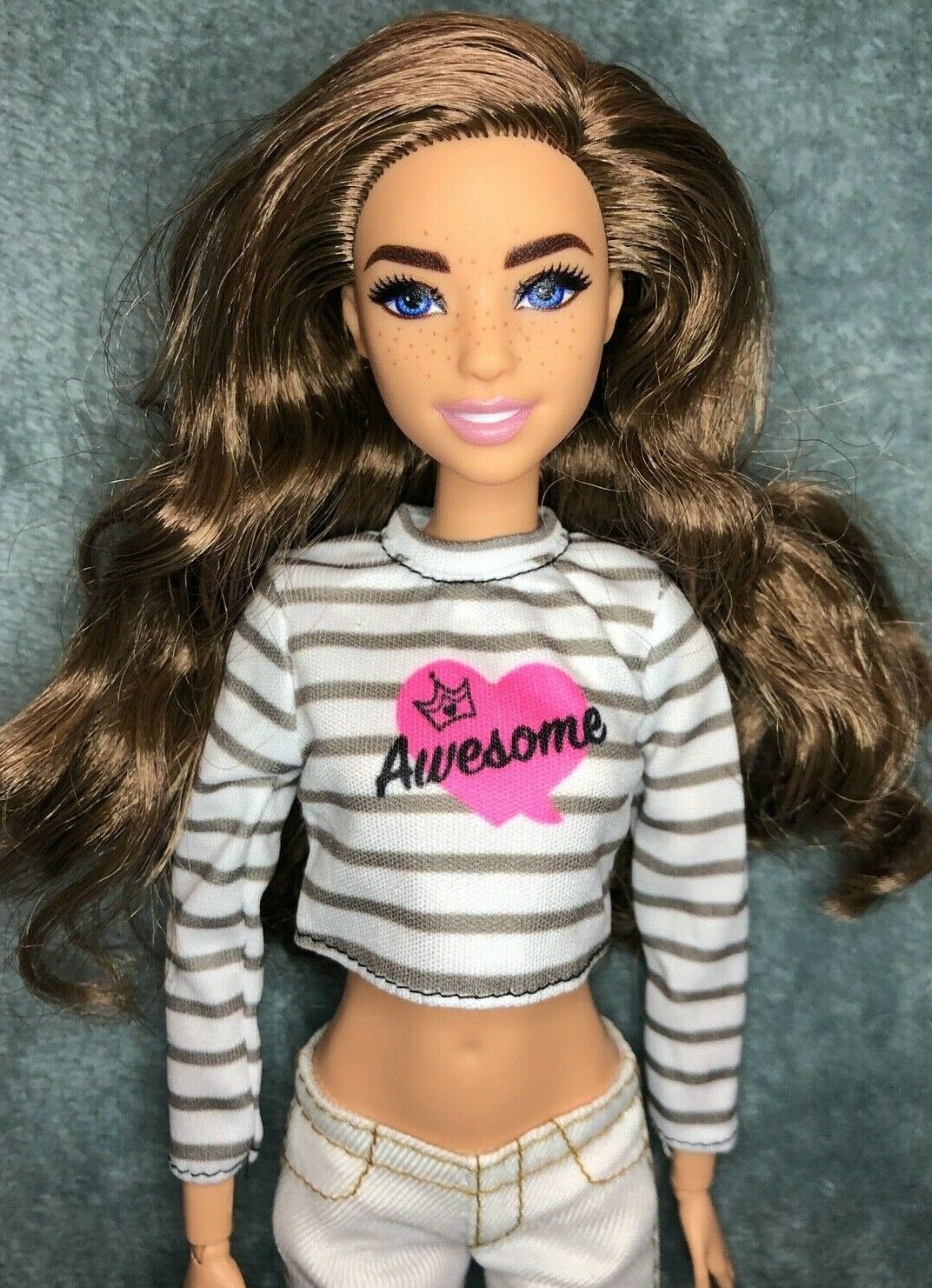OOAK Hybrid Made To Move Barbie Doll Freckles Curly Hair Brunette Blue Eyes