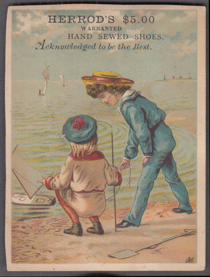 Herrod's Hand Sewed Shoes Trade Card 1880s Boys Play With Toy Sailboat