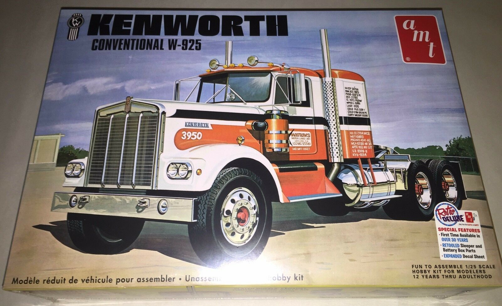 Amt Kenworth W925 Conventional Tractor 1:25 Scale Truck Model Kit New 1021