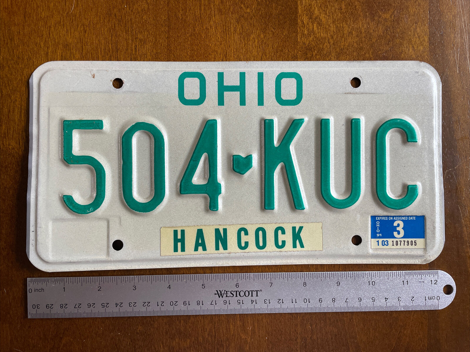 Vintage 1991 Ohio License Plate Tag 504 KUC Hancock