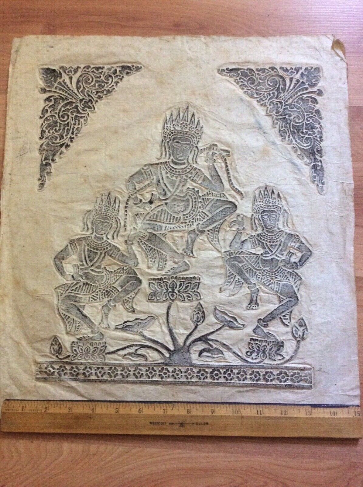 Antique Rice Paper Rubbing Large Asian Charcoal Rubbed Ready To Frame