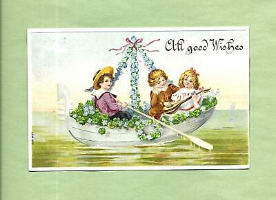 GIRL PLAYS MANDOLIN, CHILDREN, FLOWERED BOAT On Beautiful Vintage 1908 Postcard